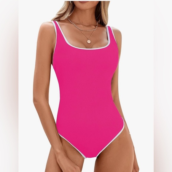 Other - Ribbed Vibrant Pink Swimsuit one piece, white trim, elegant classic NWT-XXL